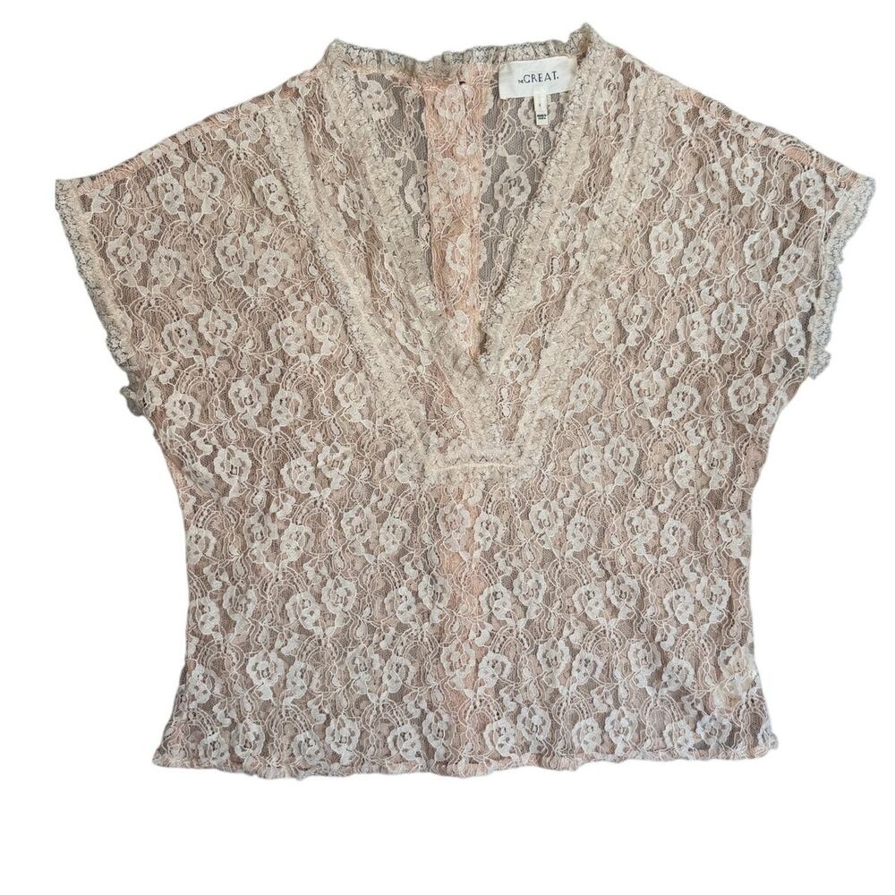 THE GREAT Ballad Top Blouse Blush Pink Lace Short Sleeve Cottagecore 2 Medium
